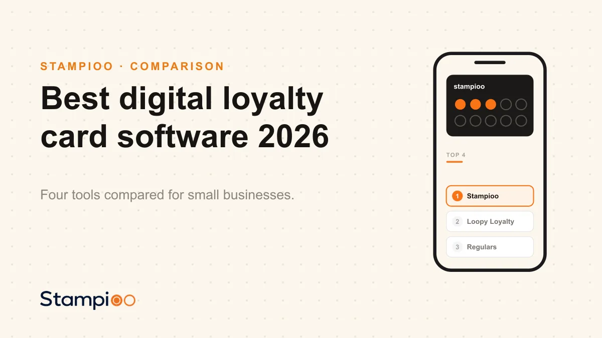 Illustration: a phone with a digital loyalty card next to a comparison list of four tools