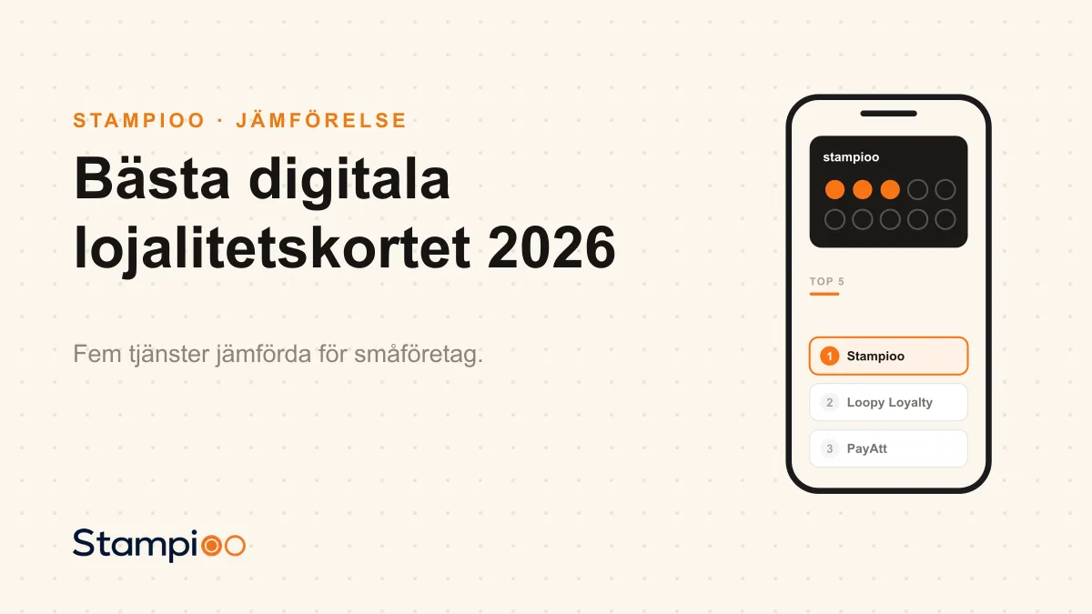 Illustration: en mobil med ett digitalt lojalitetskort bredvid en jämförelselista med fem tjänster