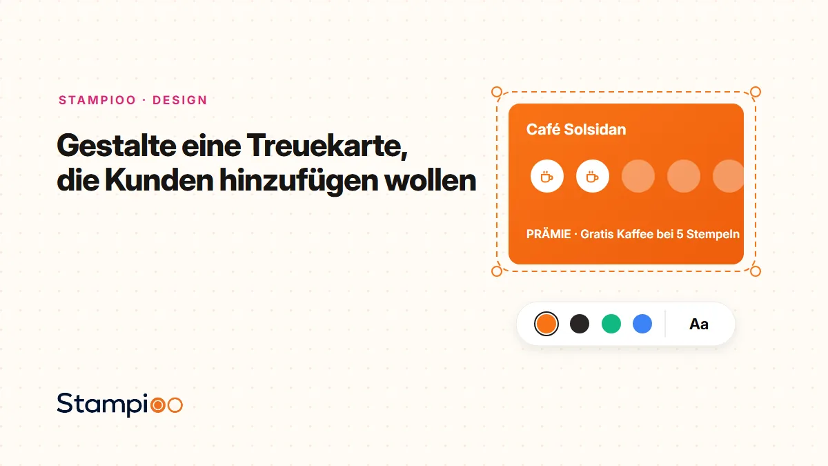 Illustration: eine Treuekarte wird gestaltet, mit Farbfeldern und Typografie-Reglern