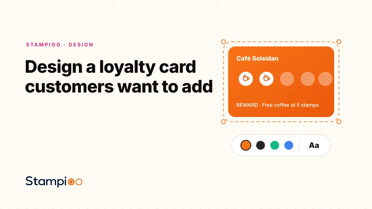 Illustration: a loyalty card being designed, with colour swatches and typography controls
