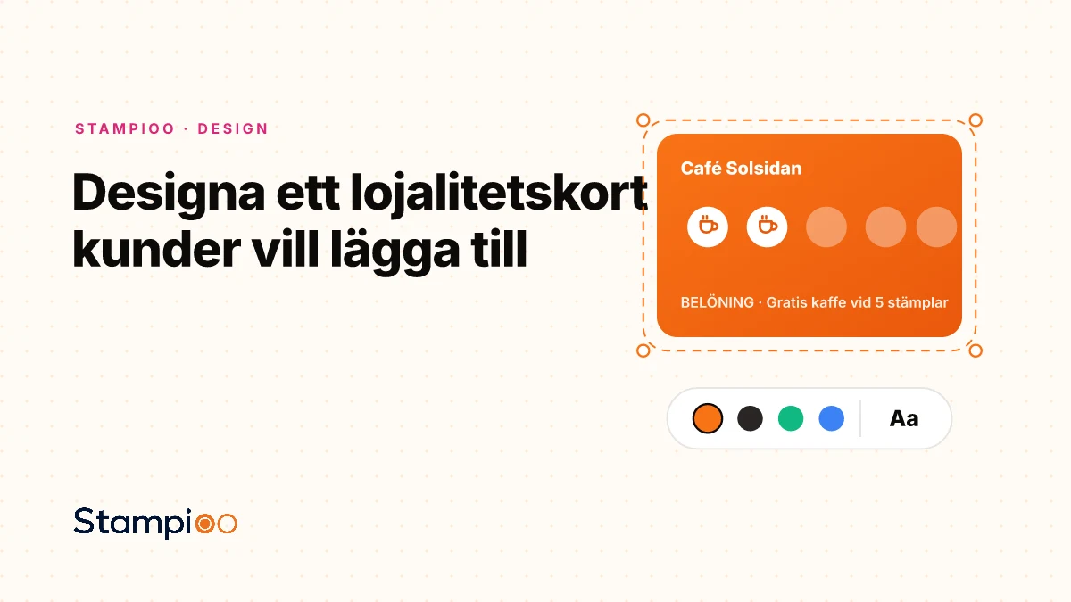 Illustration: ett lojalitetskort som designas, med färgval och typografikontroller