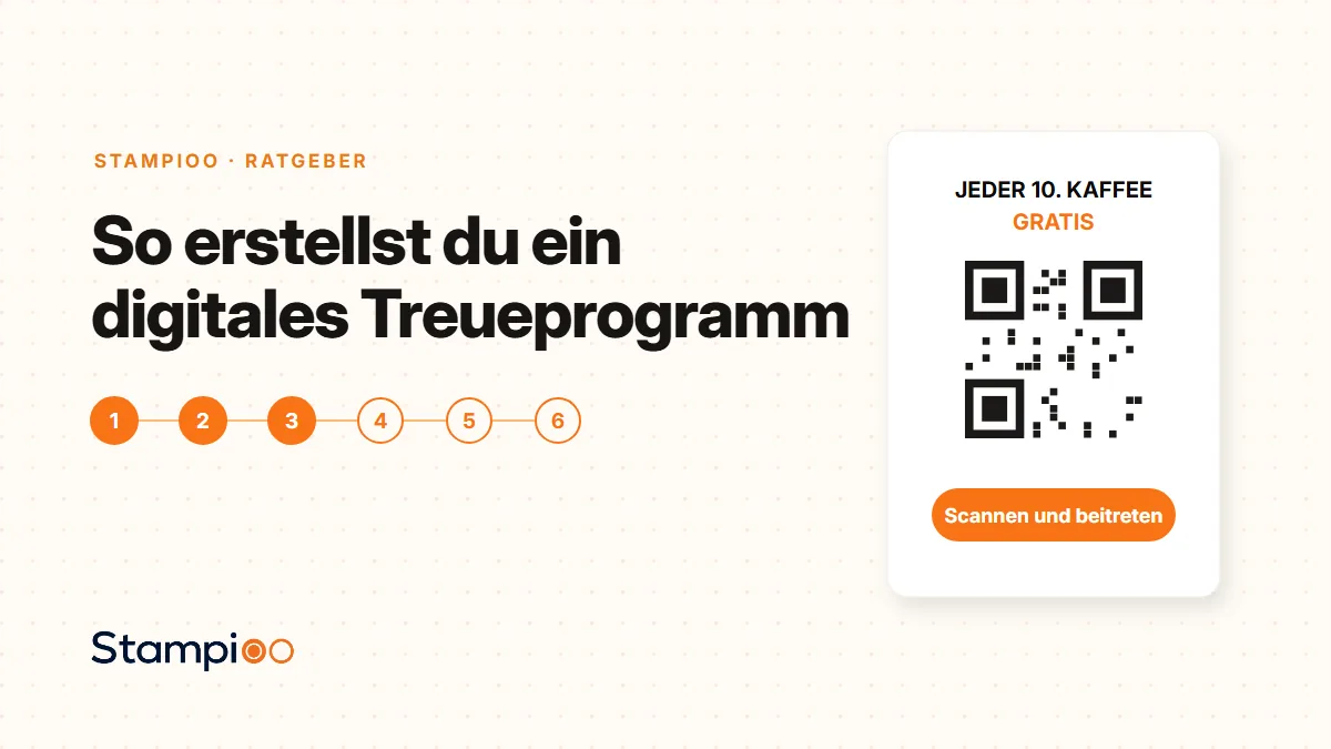 Illustration: ein Thekenschild mit QR-Code — jeder 10. Kaffee gratis, zum Beitreten scannen
