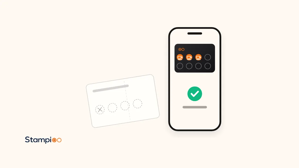 Illustration: et slidt stempelkort i papir ved siden af en telefon med et digitalt loyalitetskort