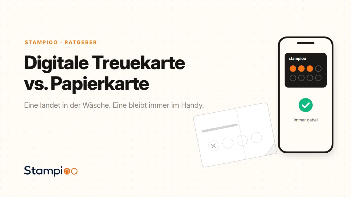 Illustration: eine abgenutzte Papier-Stempelkarte neben einem Handy mit digitaler Treuekarte