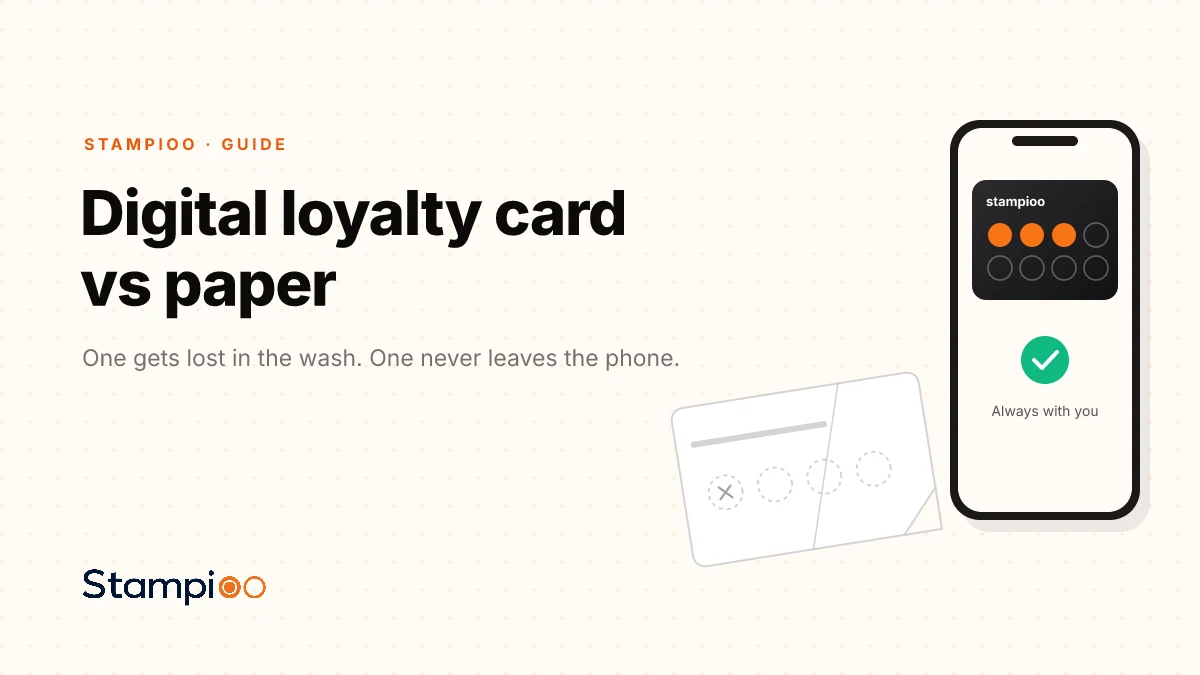 Illustration: a worn paper stamp card next to a phone with a digital loyalty card