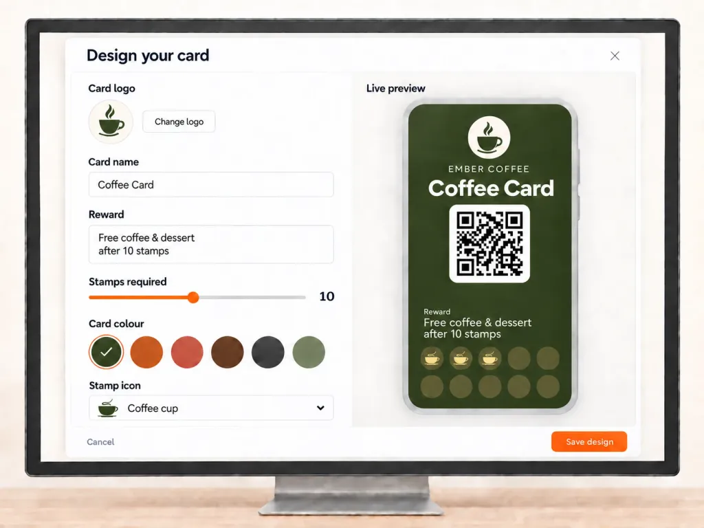 The Stampioo card designer with logo, reward, stamp count and colour options next to a live preview of the loyalty card.