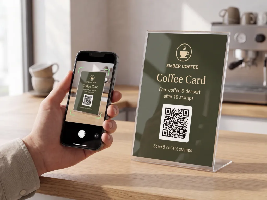 A customer scans the QR poster on a café counter with their phone camera.
