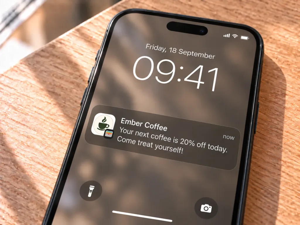 A wallet notification with an offer from the café on a phone's lock screen.